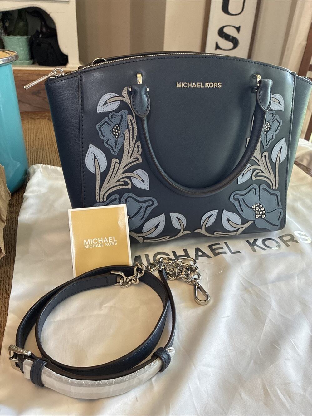 Michael Kors Navy Leather Floral Embroidered Satchel Bag Crossbody Appliqué Stud